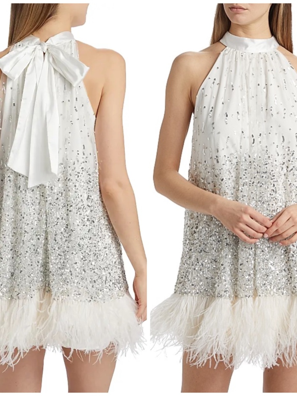 Alice + Olivia ERNA White Silver Feather Sequin Mini Dress Neck Tie - Size 2